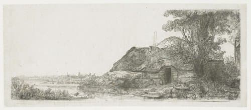 Landschap met boerderij en grote boom by Rembrandt van Rijn