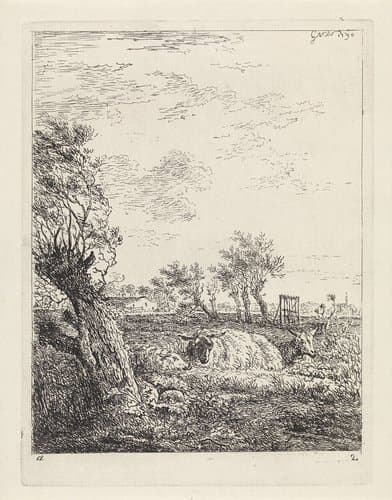 Schapen en een geit in een weiland by Gerard van Nijmegen