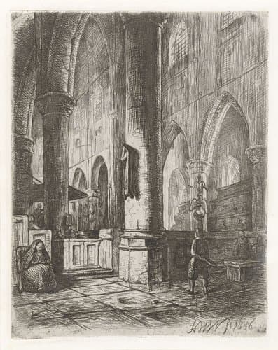 Kerkinterieur met een jongen en een zittende vrouw