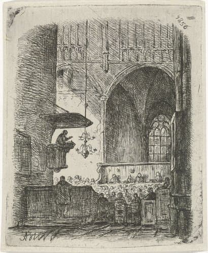 Kerkinterieur met kerkdienst by Adrianus Wilhelmus Nieuwenhuyzen