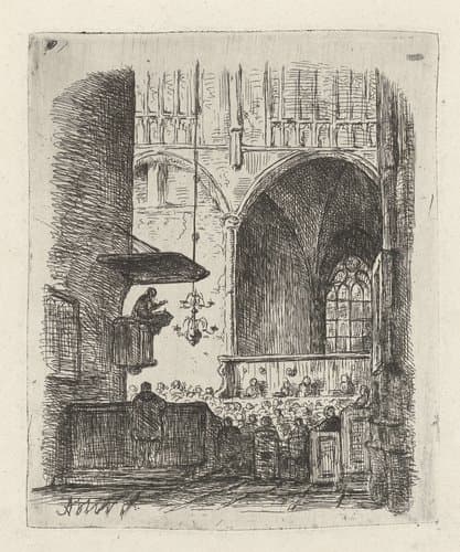 Kerkinterieur met kerkdienst by Adrianus Wilhelmus Nieuwenhuyzen