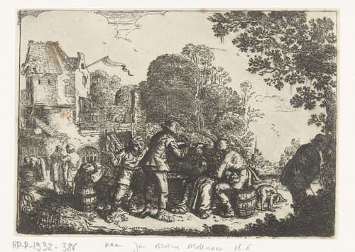 Boerengezelschap voor een herberg by Johannes Arnoldus Boland