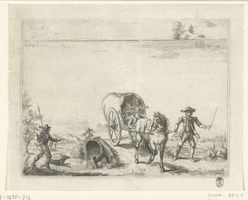 Landschap met huifkar over een brug by Romeyn de Hooghe