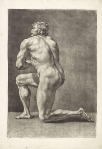 Figuurstudie van een knielend mannelijk naakt by Jacob Christof Le Blon