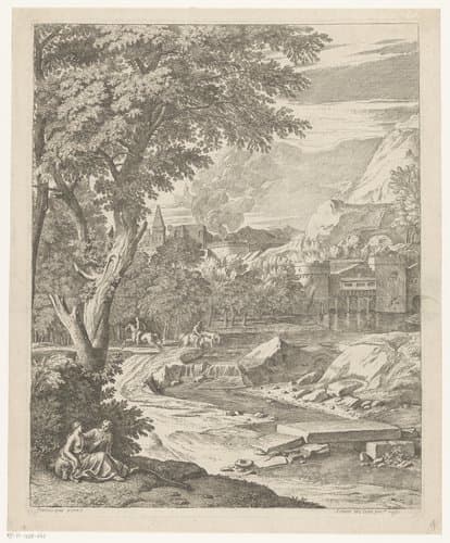 Arcadisch landschap met figuren bij een beek by Théodore