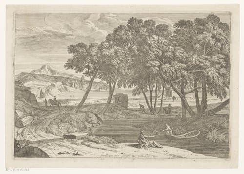 Arcadisch landschap met een visser in een boot by Théodore