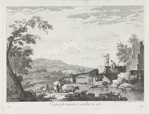 Landschap met vissers en herder met kudde bij rivier by Fabio Berardi