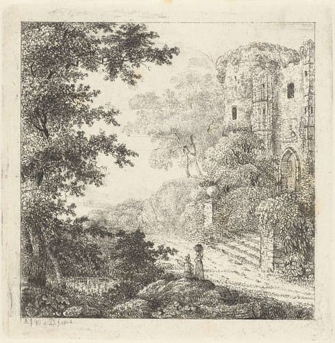 Landschap met figuren bij ruïne van kasteel by Adriaan Jacob Willem van Dielen