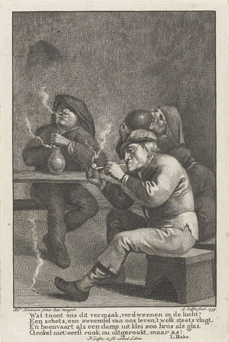 Vier rokende en drinkende mannen aan een tafel by Abraham Delfos