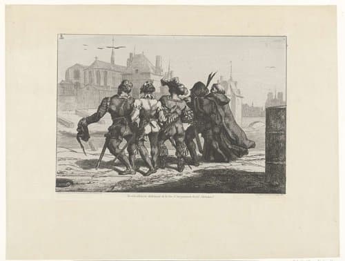 Scène uit Pantagruel van Rabelais waarin vijf mannen by Félix Bracquemond