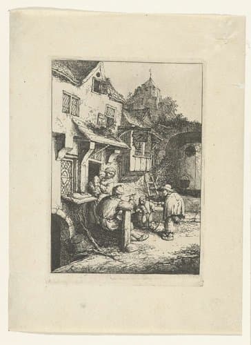 Gebochelde vioolspeler voor een herberg by Adriaen van Ostade