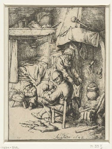 Vader met kind op schoot in interieur by Adriaen van Ostade