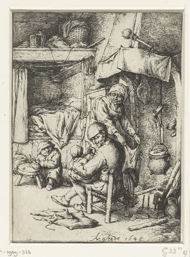 Vader met kind op schoot in interieur by Adriaen van Ostade