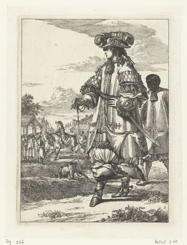 Figures à la mode, no. 3:  elegant geklede heer met Afrikaanse bediende by Romeyn de Hooghe