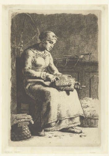 Vrouw zit op stoel en kaardt wol by Jean François Millet
