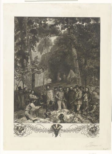 Boslandschap met jagers bij drijfjacht op dassen by Félix Bracquemond