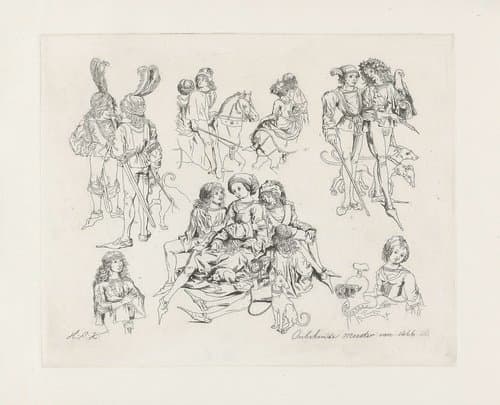 Studieblad met figuren in Middeleeuwse kleding