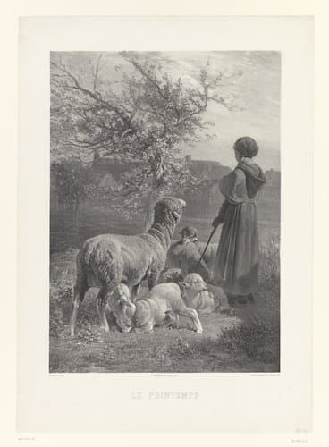 Herderin met schapen bij een boom by Adolphe Mouilleron