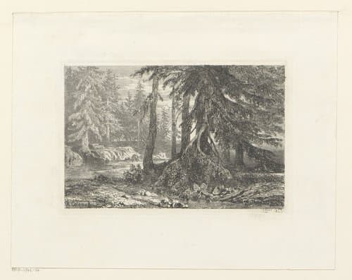 Boslandschap met dennenbomen langs een rivier by Alexandre Calame