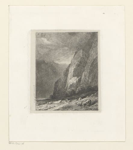 Berglandschap met figuren aan een meer by Alexandre Calame