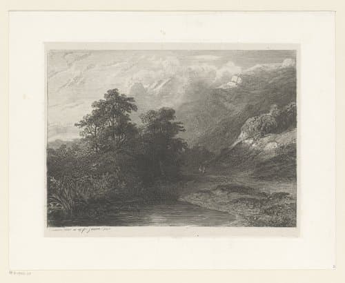 Zwitsers berglandschap met figuren langs een pad aan het water by Alexandre Calame