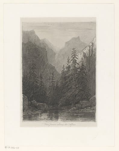 Berglandschap met dennenbomen aan een meer by Alexandre Calame