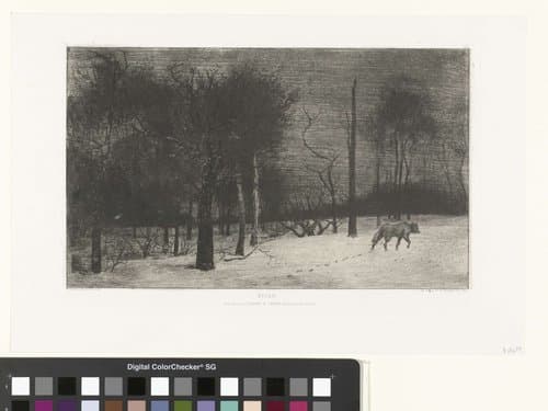 Winterlandschap met bomen en wolf by Félix Bracquemond