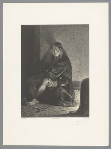 Bedelende violiste zittend tegen een muur by Adolphe Mouilleron
