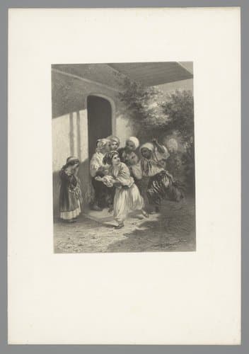 Kinderen met tulbanden spelen tikkertje by Adolphe Mouilleron