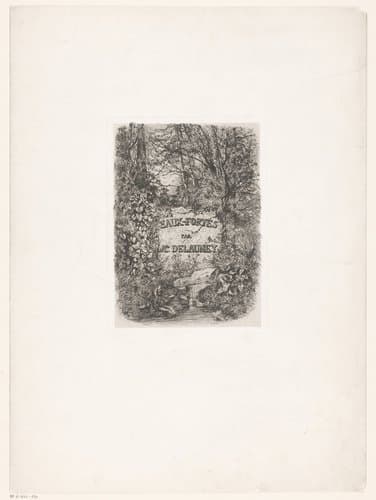 Titelprent met een begroeide steen met inscriptie in een boslandschap