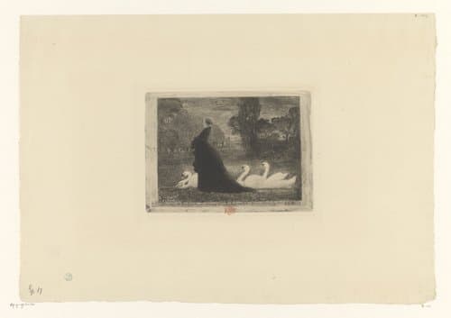 Vrouw met drie zwanen in een park by Félix Hilaire Buhot