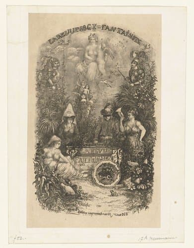Titelprent met allegorieën op liefde voor dichtkunst en kunst en wetenschap by Rodolphe Bresdin