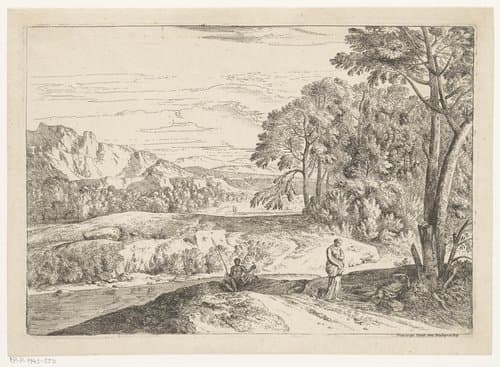 Arcadisch landschap met een een visser bij een beek by Théodore