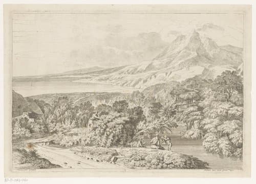 Arcadisch berglandschap met badende figuren bij een beek by Théodore