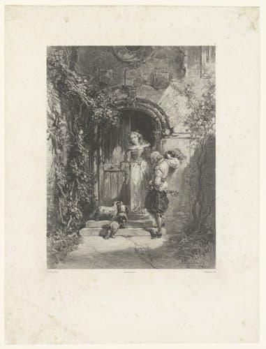 Page en rijkgeklede jonge vrouw aan deuringang by Adolphe Mouilleron