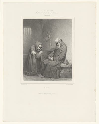 Twee peinzende monniken in kelderruimte by Adolphe Mouilleron
