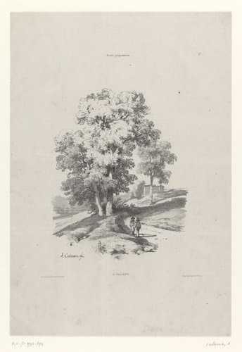 Landschap met bomen en twee figuren op een weg by Alexandre Calame