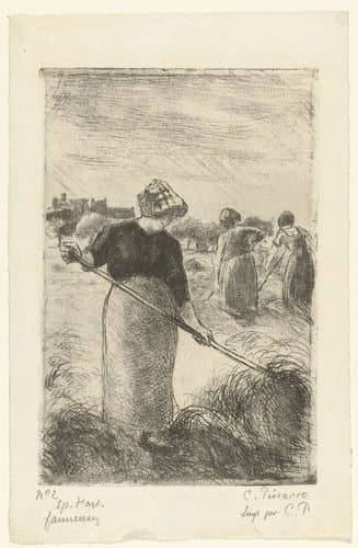 Drie vrouwen aan het hooien by Camille Jacob Pissarro