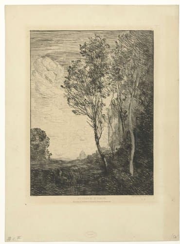 Italiaans landschap met bomen en kerk by Camille Corot