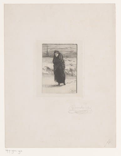 Oude vrouw loopt in de sneeuw by Edmond Lambrichs
