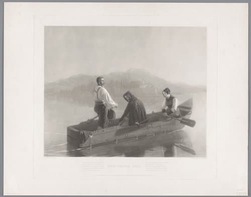 Drie figuren in een roeiboot op een meer in de avond by Joseph Epenetus Coombs