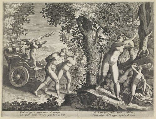 Naakten voortgejaagd door Amor by Justus Sadeler