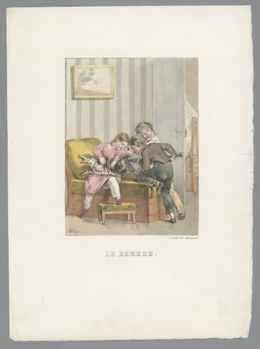 Drie kinderen geven een hond een spuit by Charles Aubry