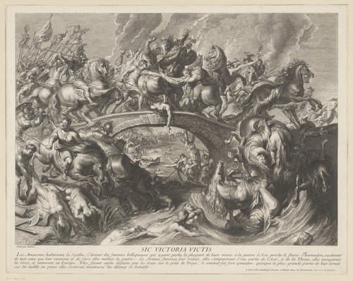 Amazonenslag op een brug by Gaspard Duchange
