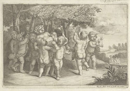 Musicerende en dansende jongetjes dragen een bacchant by Wenceslaus Hollar