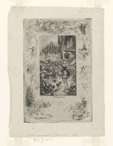 Vrouw op een ezel in een drukke marktstraat by Félix Hilaire Buhot