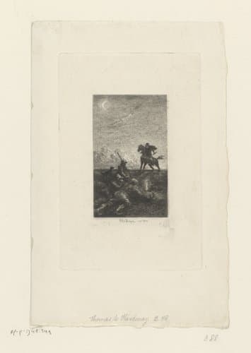 Ruiter valt een groep mannen aan in de nacht by Félix Hilaire Buhot
