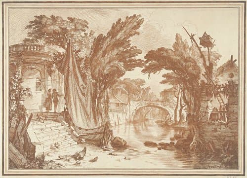 Zuidelijk landschap met huizen aan rivier by Gilles Demarteau