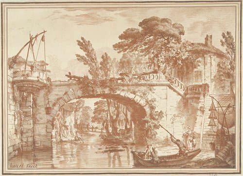Zuidelijk landschap met brug en huizen bij rivier by Gilles Demarteau