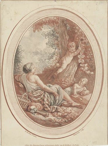 Bacchanaal met nimf en putti bij bomen by Gilles Demarteau